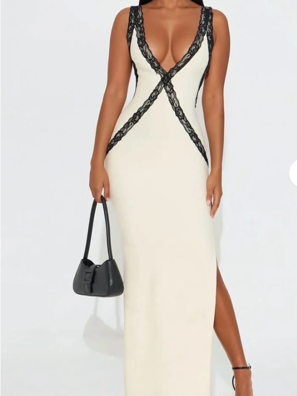 Fashion Nova Cream Maxi Dress with Black Lace Trim